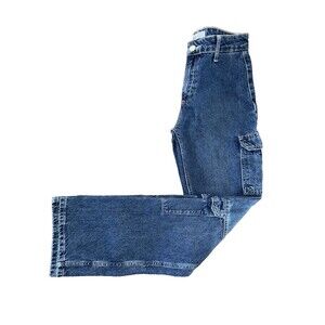 Zara Womens Cargo Jeans Blue Medium Wash Wide Leg Multi Pocket Baggy Grunge Sz 0